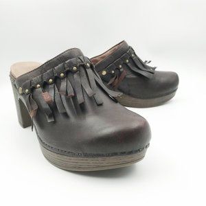 DANSKO Deni Brown Leather Slip On Fringe Mules Clogs Womens 9.5 Bohemian
